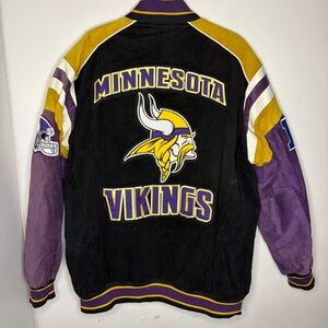 Vintage NFL Vikings Suede Bomber Jacket with Embroidered Patches